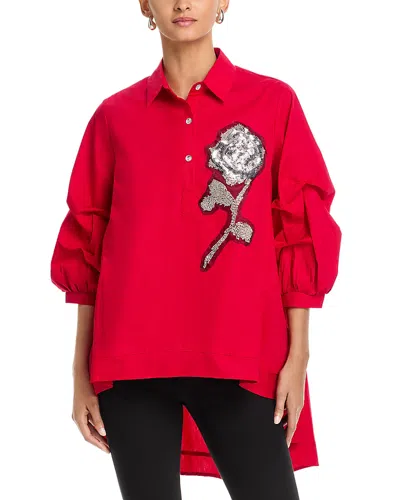 Nancy Yang Beaded Floral Hi Low Top In Red