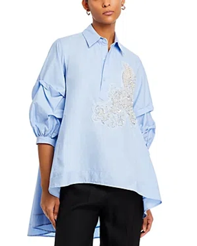 Nancy Yang Beaded Puff Sleeve Shirt In Blue