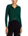 Nancy Yang Button Front Rib Knit Asymmetrical Hem Sweater In Dark Green