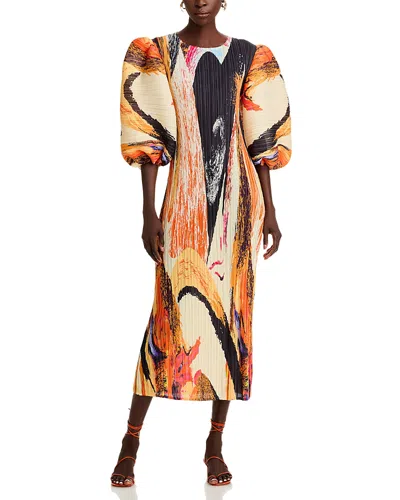 Nancy Yang Crinkled Bubble Sleeve Dress In Orange