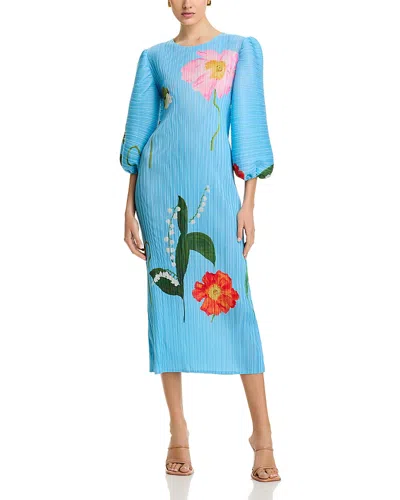 Nancy Yang Crinkled Puff Sleeve Dress In Blue Multi