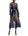 Nancy Yang Ruffled Sheer Sleeve Dress In Navy