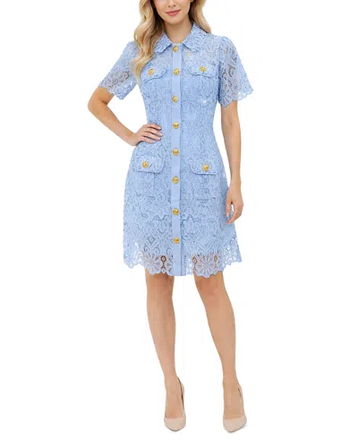 Nancy Yang Short Sleeve Lace Mini Dress In Blue