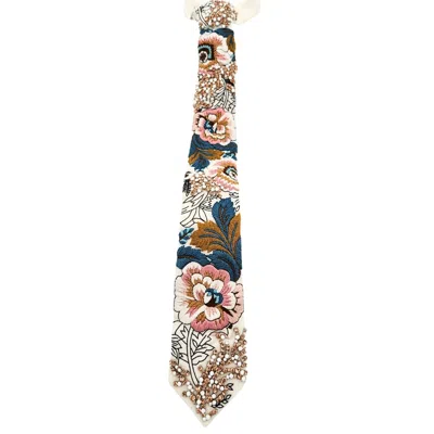 Nandanie Women's Neutrals / White Floral Crystal Embroidered Classic Long Tie