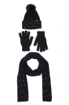 Nanette Lepore 3-piece Faux Pearl Scarf, Beanie & Gloves Set In Black