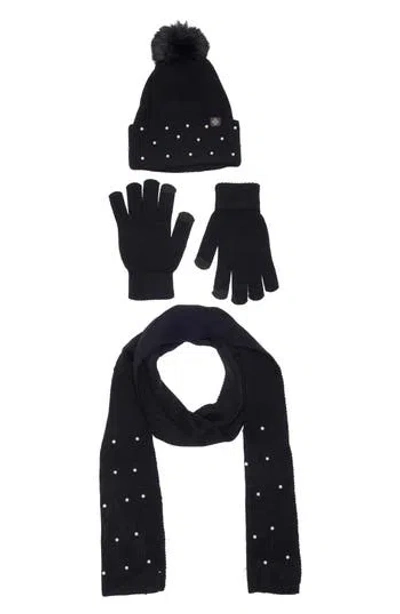 Nanette Lepore 3-piece Faux Pearl Scarf, Beanie & Gloves Set In Black
