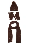 Nanette Lepore 3-piece Faux Pearl Scarf, Beanie & Gloves Set In Brown