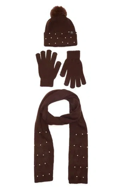 Nanette Lepore 3-piece Faux Pearl Scarf, Beanie & Gloves Set In Brown