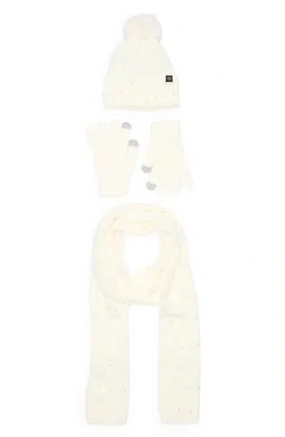 Nanette Lepore 3-piece Faux Pearl Scarf, Beanie & Gloves Set In White