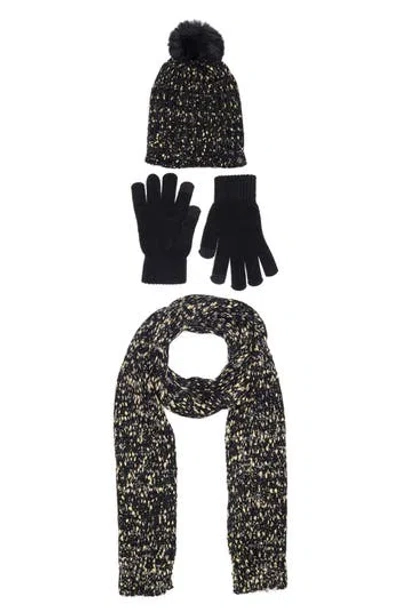 Nanette Lepore 3-piece Metallic Scarf, Beanie & Gloves Set In Black