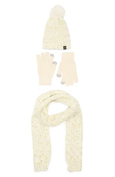 Nanette Lepore 3-piece Metallic Scarf, Beanie & Gloves Set In White