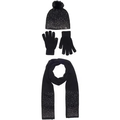 Nanette Lepore 3-piece Rhinestone Scarf, Beanie & Gloves Set In Black
