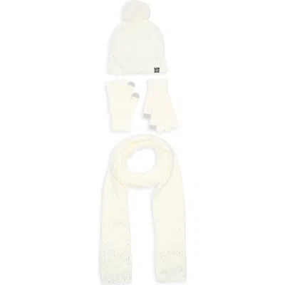 Nanette Lepore 3-piece Rhinestone Scarf, Beanie & Gloves Set In White