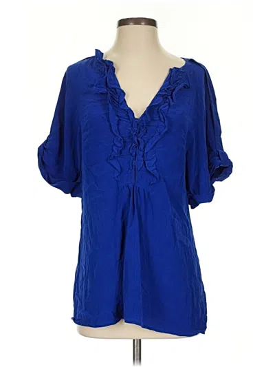 Pre-owned Nanette Lepore 3/4 Sleeve Silk Top Blue Ruffles Neckline Tops