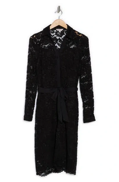 Nanette Lepore Belted Lace Shirtdress In Very Black