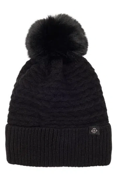 Nanette Lepore Braided Knit Beanie With Faux Fur Pompom In Black
