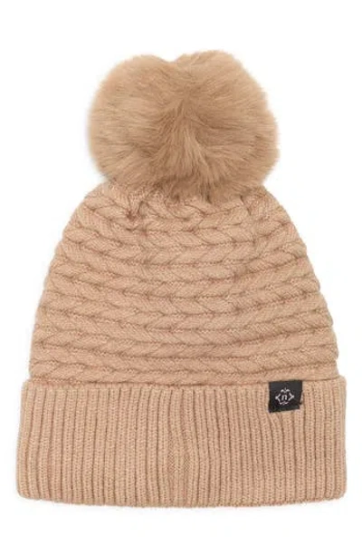 Nanette Lepore Braided Knit Beanie With Faux Fur Pompom In Neutral