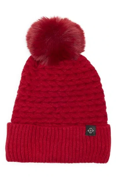Nanette Lepore Braided Knit Beanie With Faux Fur Pompom In Red