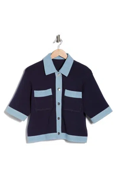 Nanette Lepore Denim Trim Short Sleeve Cardigan In Blue