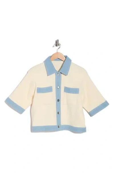 Nanette Lepore Denim Trim Short Sleeve Cardigan In Neutral