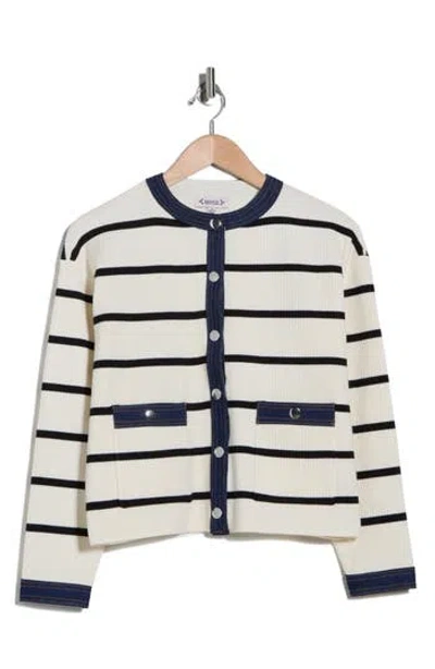 Nanette Lepore Denim Trim Stripe Ribbed Cardigan In Multi