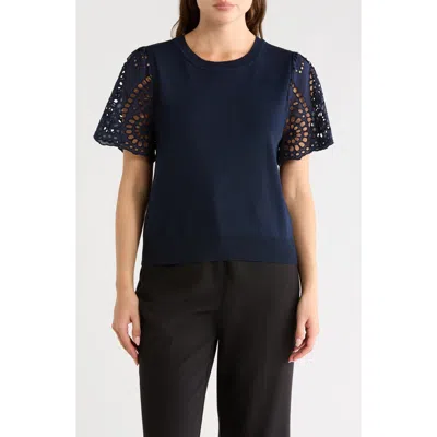 Nanette Lepore Embroidered Eyelet Short Sleeve Twofer Sweater In Blue