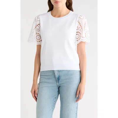 Nanette Lepore Embroidered Eyelet Short Sleeve Twofer Sweater In White