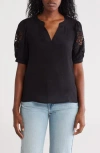 Nanette Lepore Embroidered Puff Sleeve Top In Black