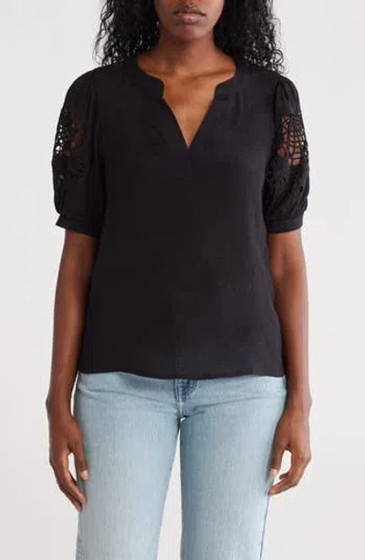 Nanette Lepore Embroidered Puff Sleeve Top In Black