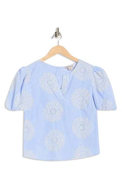 Nanette Lepore Embroidered Stripe Puff Sleeve Top In Blue