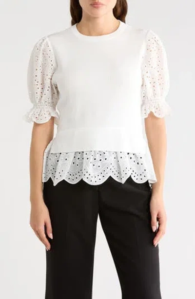Nanette Lepore Eyelet Puff Sleeve Twofer Sweater In White