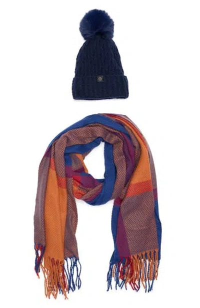 Nanette Lepore Faux Fur Pompom Beanie & Scarf Gift Set In Blue
