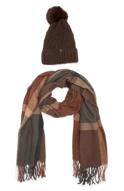 Nanette Lepore Faux Fur Pompom Beanie & Scarf Gift Set In Brown