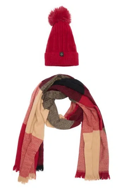 Nanette Lepore Faux Fur Pompom Beanie & Scarf Gift Set In Red