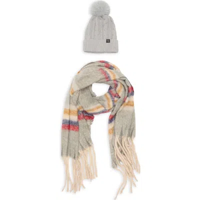 Nanette Lepore Faux Fur Pompom Beanie & Scarf Set In Gray
