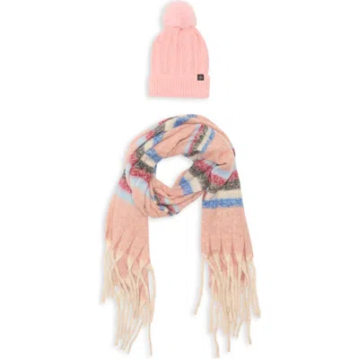 Nanette Lepore Faux Fur Pompom Beanie & Scarf Set In Pink