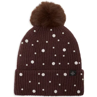 Nanette Lepore Faux Pearl & Faux Fur Pom Beanie In Brown
