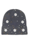 Nanette Lepore Faux Pearl Flower & Bead Knit Cuffed Beanie In Gray