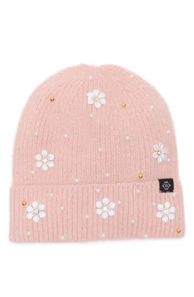 Nanette Lepore Faux Pearl Flower & Bead Knit Cuffed Beanie In Pink