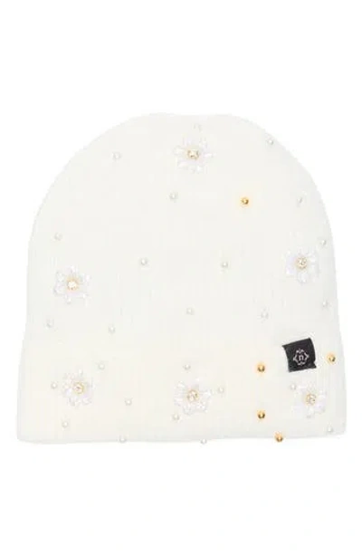 Nanette Lepore Faux Pearl Flower & Bead Knit Cuffed Beanie In White