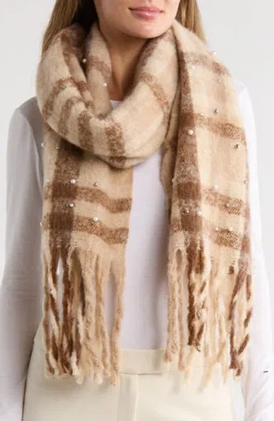 Nanette Lepore Faux Pearl Plaid Fuzzy Scarf In Brown