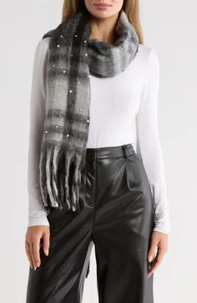 Nanette Lepore Faux Pearl Plaid Fuzzy Scarf In Gray