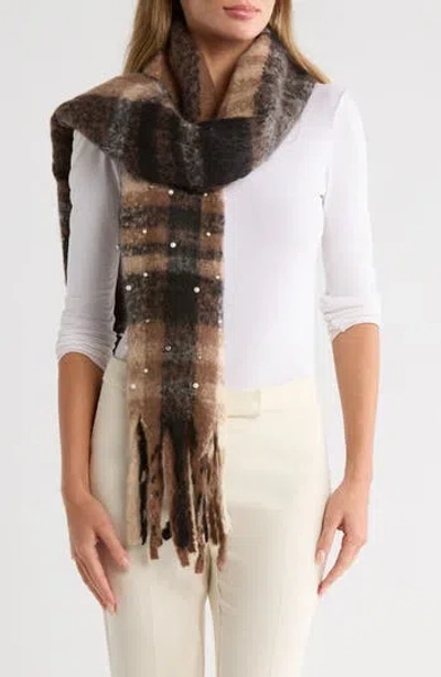 Nanette Lepore Faux Pearl Plaid Fuzzy Scarf In Brown