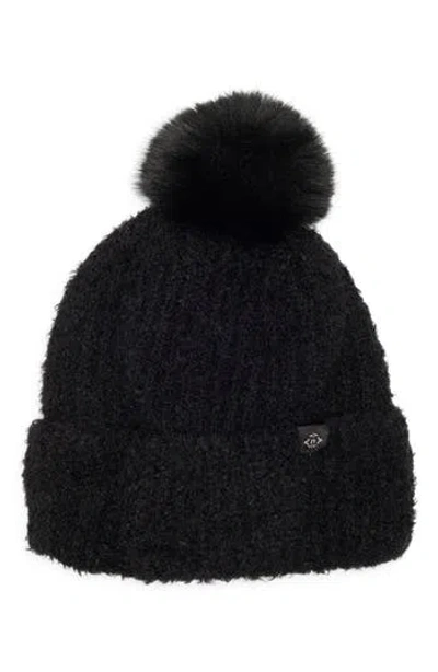 Nanette Lepore Faux Shearling Beanie With Faux Fur Pompom In Black