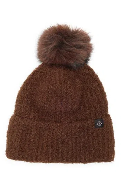 Nanette Lepore Faux Shearling Beanie With Faux Fur Pompom In Brown