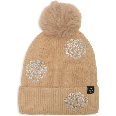Nanette Lepore Floral Beanie With Faux Fur Pom In Taupe