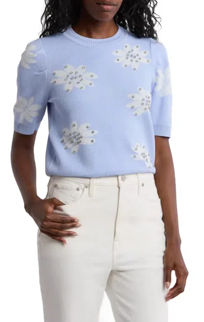 Nanette Lepore Floral Rhinestone Sweater In Blue/white