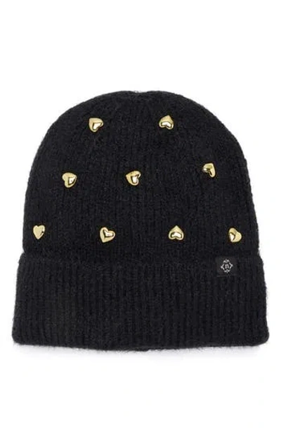 Nanette Lepore Heart Studs Knit Cuffed Beanie In Black