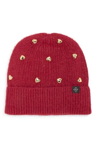 Nanette Lepore Heart Studs Knit Cuffed Beanie In Red