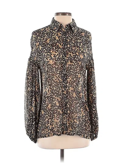 Pre-owned Nanette Lepore Long Sleeve Silk Top Brown Animal Print Pattern Cold Shoulder Neckline Tops